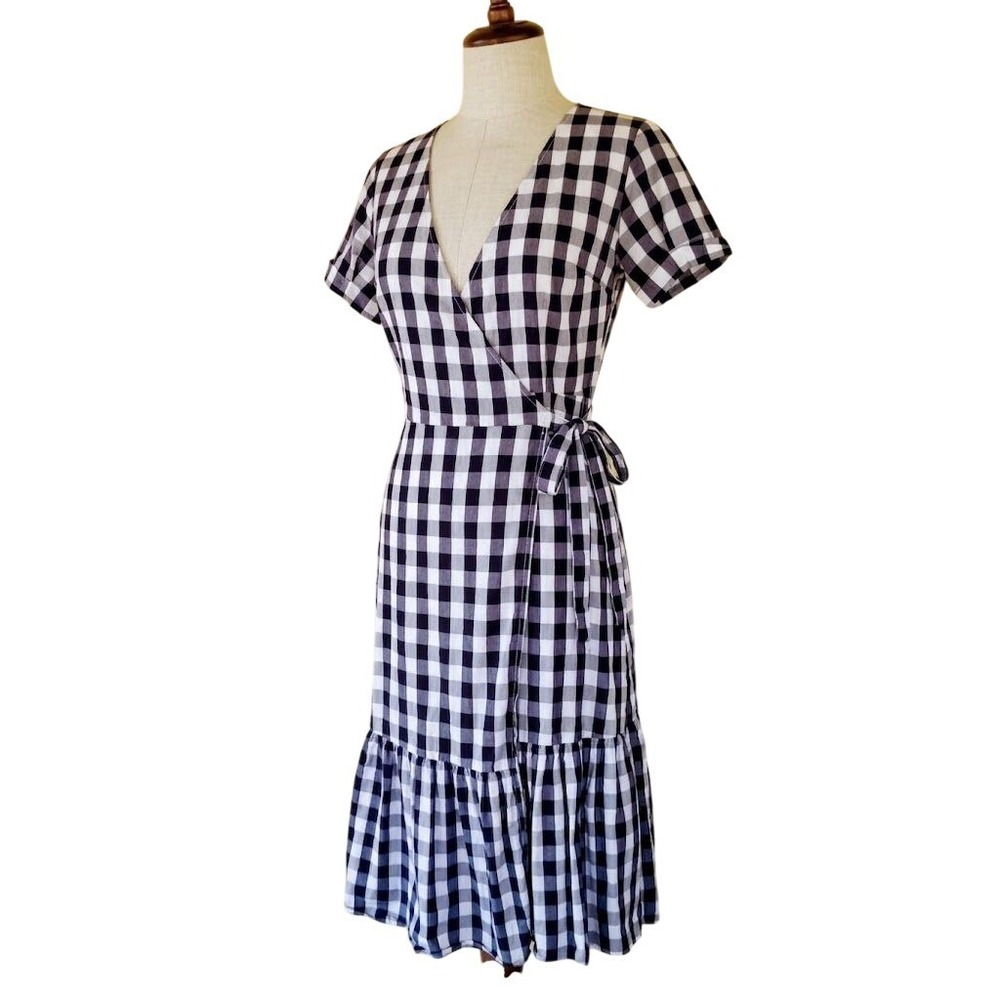 GAP French Girl Gingham Wrap Dress XS Navy White Cottagecore Picnic Chic Midi - Picture 2 of 5